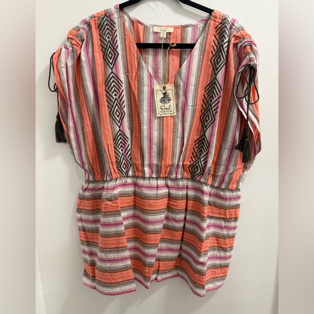 easel Striped Peasant Blouse in Coral, Pink, White & Black